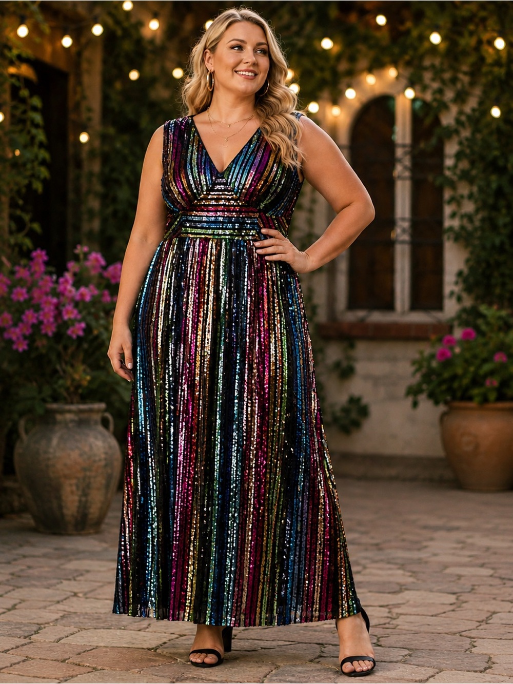 Skies Are Blue Curve Multicolor Sequin Occasion Dress Plus Sz 1X Striped V-Neck